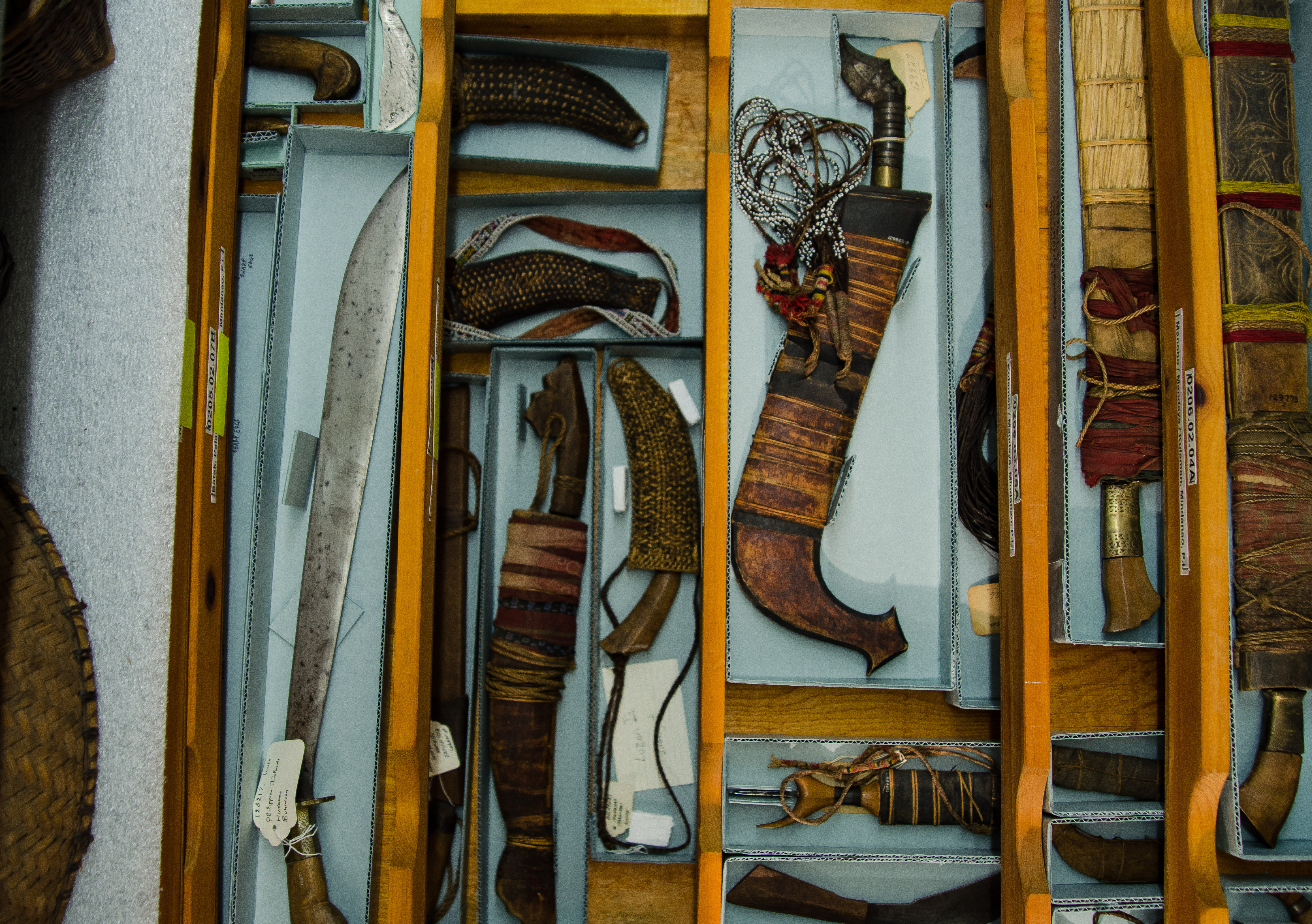 Image depicting bolos at their storage designations within CAS Mezzanine storeroom. Selected for use on the homepage of the Philippine Heritage Collections interactive web portal. (c) Field Museum of Natural History - CC BY-NC 4.0