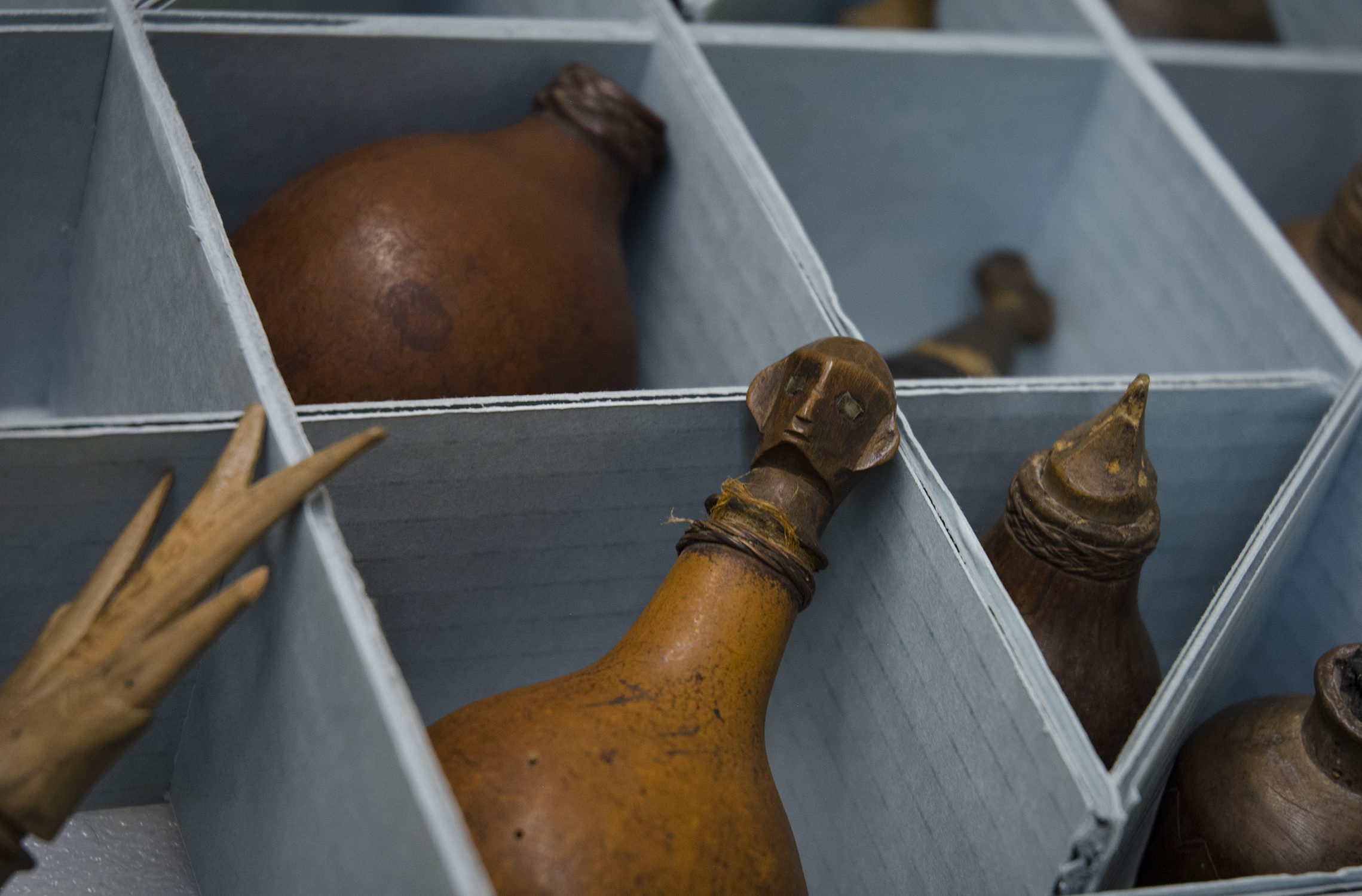 Image depicting lime holders within CAS Mezzanine storeroom. Selected for use on the homepage of the Philippine Heritage Collections interactive web portal. (c) Field Museum of Natural History - CC BY-NC 4.0