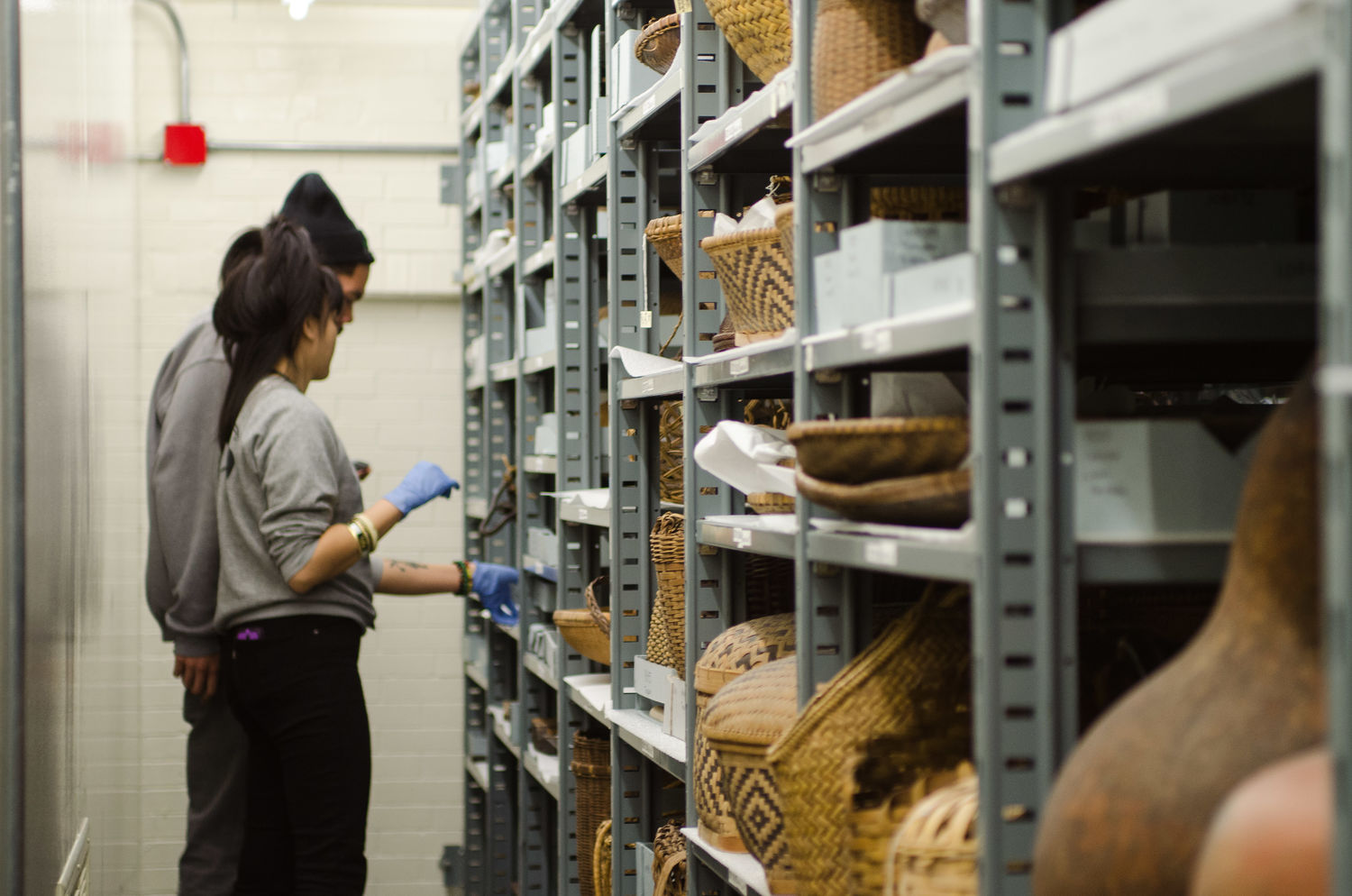 Image depicting volunteer Trisha Martin touring a visitor around the collections within CAS Mezzanine storeroom. Selected for use on the homepage of the Philippine Heritage Collections interactive web portal. (c) Field Museum of Natural History - CC BY-NC 4.0