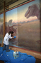 Maho Yoshikawa. Progress of Charles Knight murals restoration work, being performed on T.rex and Triceratops mural, in Hall 34, by contractors from PARMA Conservation of Chicago. Shots began 01/13/2005 continued on 01/14/2005