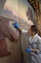 Maho Yoshikawa. Progress of Charles Knight murals restoration work, being performed on T.rex and Triceratops mural, in Hall 34, by contractors from PARMA Conservation of Chicago. Shots began 01/13/2005 continued on 01/14/2005