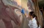 Maho Yoshikawa. Progress of Charles Knight murals restoration work, being performed on T.rex and Triceratops mural, in Hall 34, by contractors from PARMA Conservation of Chicago. Shots began 01/13/2005 continued on 01/14/2005