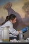 Maho Yoshikawa. Progress of Charles Knight murals restoration work, being performed on T.rex and Triceratops mural, in Hall 34, by contractors from PARMA Conservation of Chicago. Shots began 01/13/2005 continued on 01/14/2005