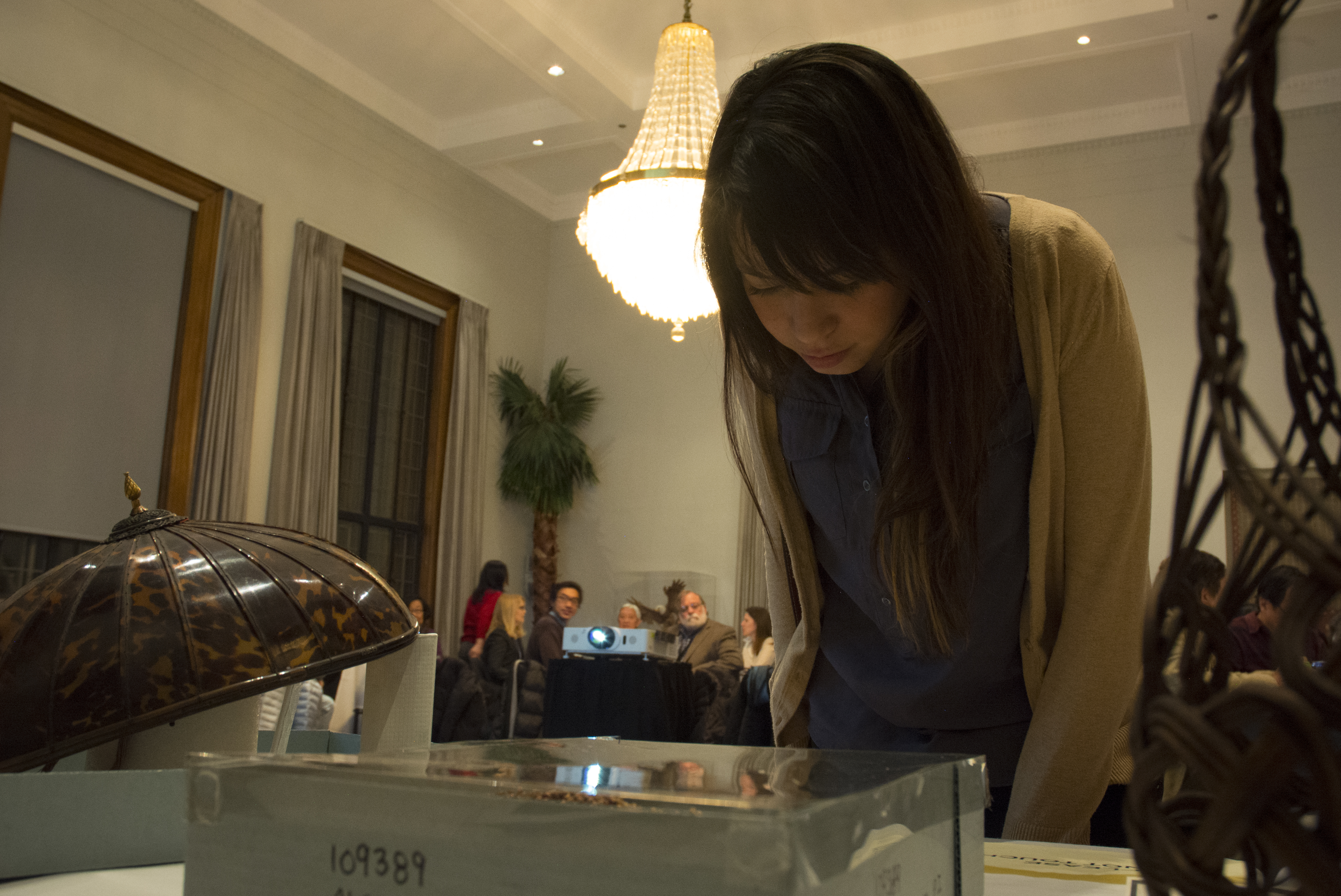 Guest Jen Buckler getting a closer look at a bunch of rice on the artifact table display. (c) Field Museum of Natural History - CC BY-NC 4.0