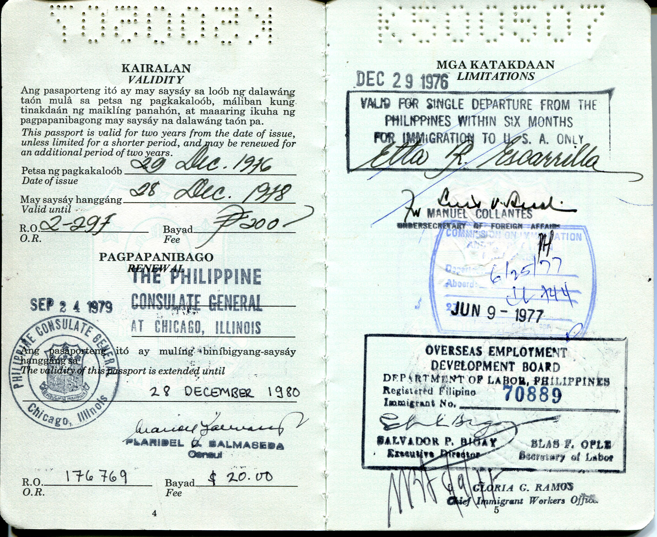 'Scan - Pages 4 and 5 of passport of Etta McKenna.1976 Passport from the Philippine Immigration Office, during process to immigrate to the US.Names of passport pages in Wika Filipino “Pasaporte” and “Republica”Notes from Sarah Carlson, in discussion with McKenna: “First Phil. passport I used when I immigrated to the US in 1977. It reminded me of the months of overtime work in order to afford, prepare and complete all documents needed to come to the US. Without any relatives tosupport me in the US, I had to make sure I had enough to support myself the first few months in the new land until I got a job. The process, even though difficult, is worth remembering.” Any views, findings, conclusions, or recommendations expressed in this story do not necessarily represent those of the National Endowment for the Humanities. (c) Field Museum of Natural History - CC BY-NC 4.0