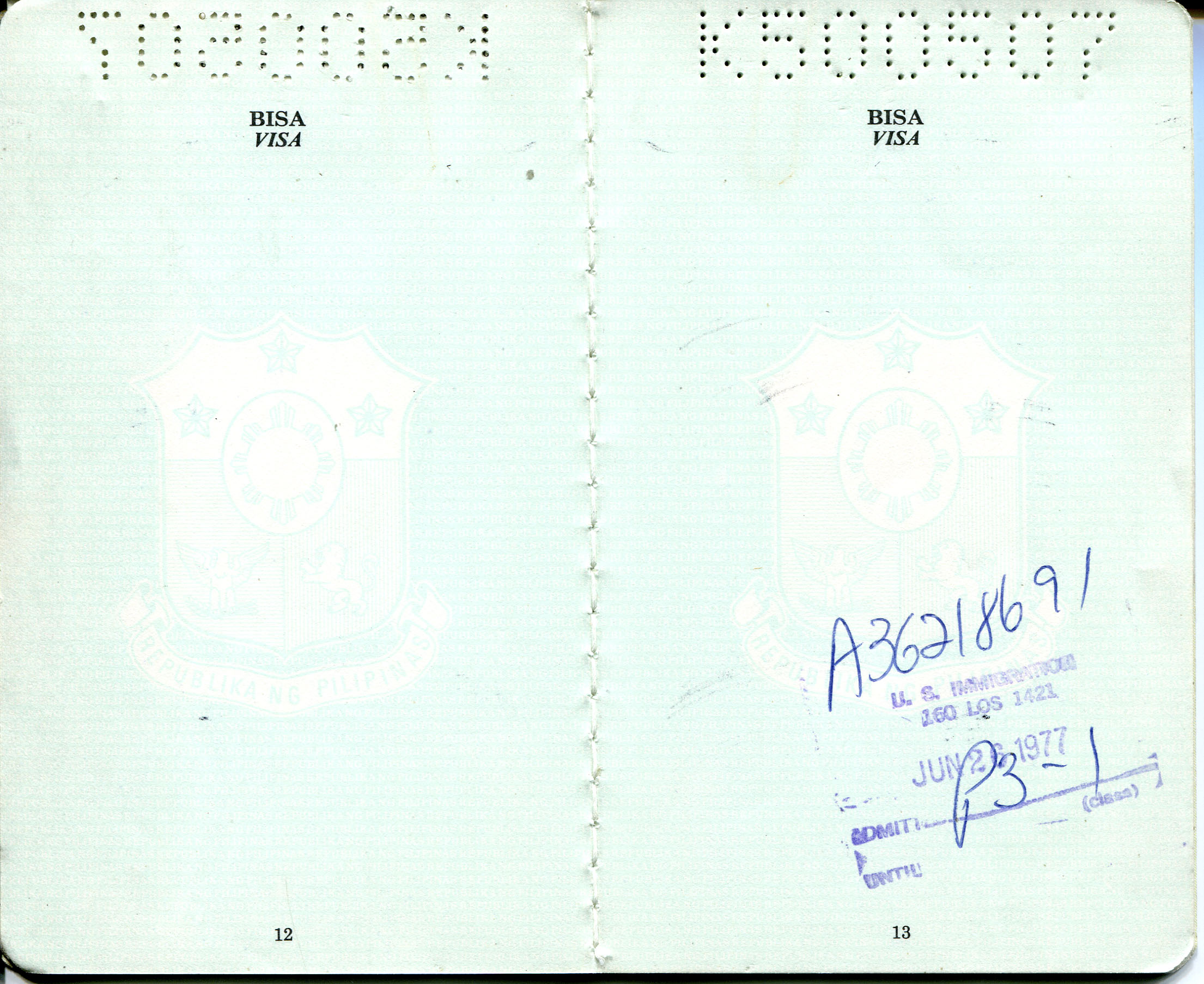 'Scan - Pages 12 and 13 of passport of Etta McKenna.1976 Passport from the Philippine Immigration Office, during process to immigrate to the US.Names of passport pages in Wika Filipino “Pasaporte” and “Republica”Notes from Sarah Carlson, in discussion with McKenna: “First Phil. passport I used when I immigrated to the US in 1977. It reminded me of the months of overtime work in order to afford, prepare and complete all documents needed to come to the US. Without any relatives tosupport me in the US, I had to make sure I had enough to support myself the first few months in the new land until I got a job. The process, even though difficult, is worth remembering.” Any views, findings, conclusions, or recommendations expressed in this story do not necessarily represent those of the National Endowment for the Humanities. (c) Field Museum of Natural History - CC BY-NC 4.0