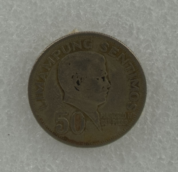50c coin owned by Loribelle Lorenzo. Shows Marcelo Del Pilar, with the coat of arms of the Philippines on back. Words in Tagalog: “Republika ng Pilipinas”. Any views, findings, conclusions, or recommendations expressed in this story do not necessarily represent those of the National Endowment for the Humanities. (c) Field Museum of Natural History - CC BY-NC 4.0