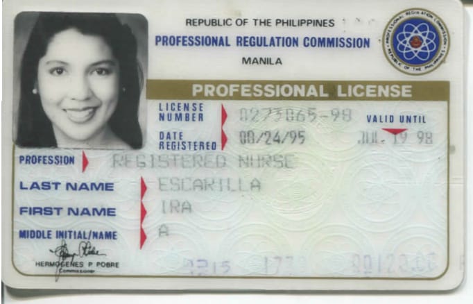Scanned document owned by Ira Escarilla-Carnate. Nursing License.Aug 24, 1995 from PRC- Professional Regulation Commission, Manila. In English. Grants “Authority to practice profession.”Escarilla-Carnate felt this was significant because without the license, she wouldn’t have been able to apply for immigration to the USA. Her first employer, a nursing home in the US, sponsored her entry. She was to receive a green card which would allow her to be apermanent resident. Now she is a practicing nurse. Escarilla-Carnate added, “The rest is history.”Any views, findings, conclusions, or recommendations expressed in this story do not necessarily represent those of the National Endowment for the Humanities. (c) Field Museum of Natural History - CC BY-NC 4.0