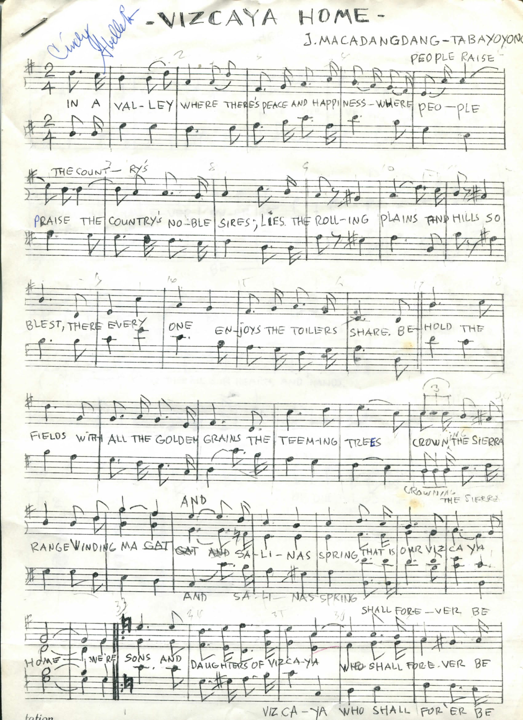 Scanned document owned by Kristen Surla. Sheet music. Acquired around 2000 from her late grandmother’s belongings. Made in Bayombong, Nueva Vizcaya. Lyrics in English. Surla felt that this was significant because her grandmother was a part of a Filipino Americanorganization for Bayombong, Nueva Vizcaya. This song was sung as the welcome anthem at the organization’s events. It is specific to their village. Any views, findings, conclusions, or recommendations expressed in this story do not necessarily represent those of the National Endowment for the Humanities. (c) Field Museum of Natural History - CC BY-NC 4.0
