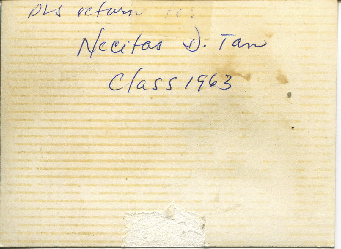 Photo of Necitas, 1965 - backside It is a picture of Tan, an office nurse at the Filipinas Hotel at Padre Faura. The back of the photo says “Please return to Necitas D. Tan class of 1963”. Tan said she was lucky to be hired as an office nurse at a hotel. Tan said there were lots of offices, with one usedby a nurse from Canada. It is from that nurse that Tan heard Canada was recruiting. Tan went to Canada in 1965 then moved back to the Philippines in 1968. Tan moved to Chicago in 1969. Any views, findings, conclusions, or recommendations expressed in this story do not necessarily represent those of the National Endowment for the Humanities. (c) Field Museum of Natural History - CC BY-NC 4.0