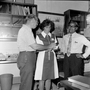 Bill Turnbull (left) in his office with paleontologists Dr. Zofia Kielan-Jaworowska of Poland and Dr. K.N. Prasad of India. Dr. Jaworowska was here for a week's study of the Early Cretaceous Mammals from the Trinity Formation of Texas and Dr. Prasad studied Eocene, Miocene and Pliocene mammalian faunas of North America. Frames 1, 2, 3 show the Charles Knight Irish Deer study painting on wall in background.