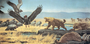 Rancho La Brea Tar Pools (Smilodon) Cenozoic; Charles Knight painting or mural.  A Pleistocene panorama set at a pitch pool in California.  Shown large bird Teratornis, Sabertooth cat Smilodon, and an extinct species of horse.