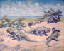 Protoceratops Mesozoic; Charles R. Knight painting or mural. Primitive ceratopsian dinosaur with its eggs, found in the Gobi desert of Mongolia, 1922. This mural is a technical tour de force.  Protoceratops depicted from virtually all angles, a thorough study of the animal's skeleton.