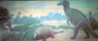 Late Cretaceous Dinosaurs Mesozoic. Helmet-crested Corythosaurus, submerged in water, a herd of long-crested Parasaurolophus, heavily armored Palaeoscincus, based on a specimen of Panoplosaurus, ostrichlike Struthiomimus, and flat-headed hadrosaur Edmontosaurus.  Charles R. Knight, the artist, gives an animated effect to the Parasaurolophus by showing individual heads lowering to feed on submerged water vegetation. Installed 1931.