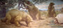 Great Ground Sloth, Megatherium. Nearly elephant size, and two types of armadillo like glyptodons, spiked tailed Doedicurus and Glyptodon.  Charles R. Knight painting or mural