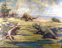 Mammal like reptiles. Carnivorous Cynognathus hunting in a wolf like pack, as the animals prepare to attack the virtually defenseless Kannemeyeria. Karroo beds of South Africa's Triassic period; Mesozoic era; Charles R. Knight painting or mural