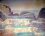 Earliest records of earth life found in Proterozoic era deposited sediments one and one half billion years ago.  Fossils are believed to be lime secretions of minute single celled plants, similar to some of the algae that live in hot springs today. Pre-cambrian or Precambrian; Charles Knight painting or mural installed circa 1928.