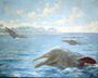 Whales of the Eocene Seas. Restoration of the primitive whale. Basilosaurus [Zeuglodon] Painting by Charles R. Knight 1925.