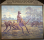 Giant Kangaroos and Wombats. (Right) Palorchestes and (left) Diprotodon. Marsupials predominated in isolated Australia through the Cenozoic, as they do today. Late Pleistocene time, 100,000 years ago. Charles R. Knight painting or mural on exhibit. Wood letters above as a title.