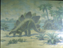 Stegosaurus Jurassic dinosaur had dorsal plates that might have served as heat regulators and a spiked tail that was most likely used for defense against predators. Charles R. Knight painting or mural