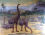 Giant Moas and Emus. Dinornis, Great extinct bird. Cenozoic Era. Restoration Painting by Charles R. Knight. Mural.