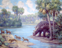 Small four toed horses of the genus Orohippus and the much larger, but harmless Uintatherium of the Eocene. Charles R. Knight painting or mural, installed 1931.