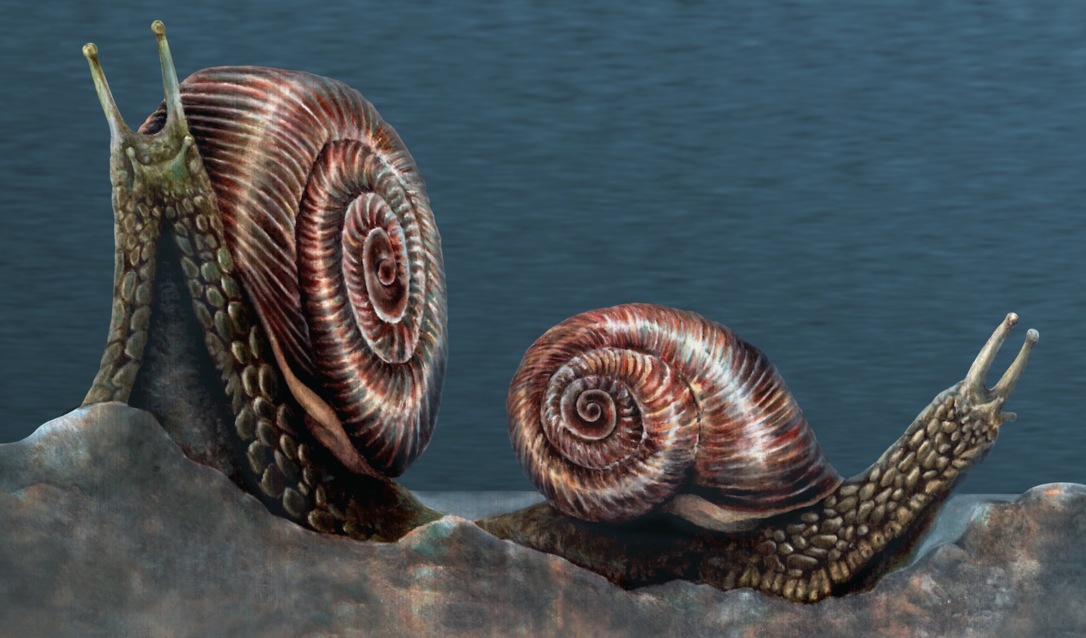 An Illustration by Tyler Ray Fewell of a Silurian Poleumita discorus gastropod  based on specimens of Poleumita discorus and other closely related species from the Chicago area and Much Wenlock England.