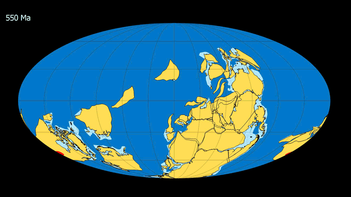 NOTE: The YELLOW AREAS on the maps represent land areas and shallow seas surrounding the continents. BLUE AREAS are deep oceans. The RED DOT shows the location of Chicago.