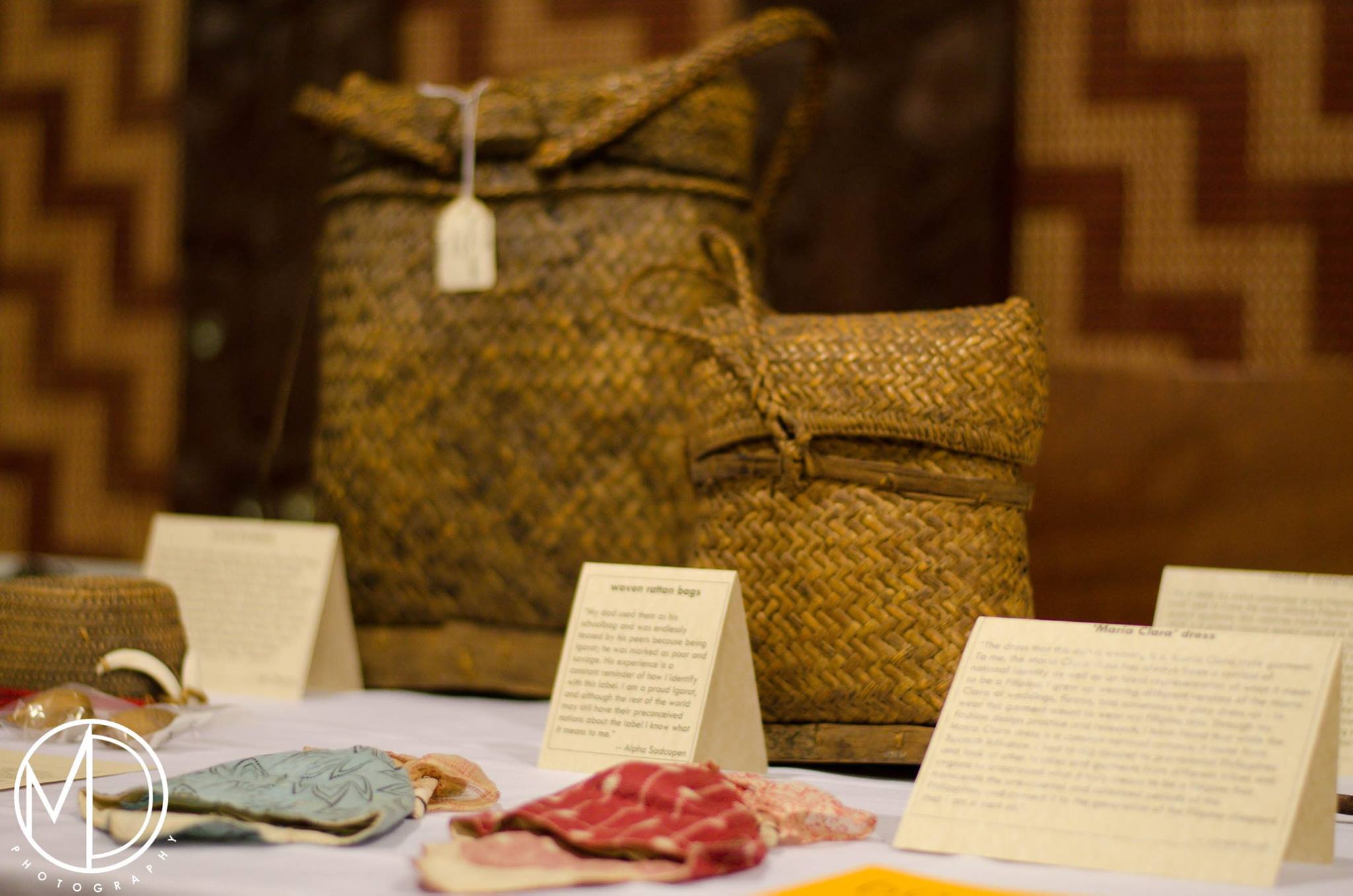Close up of artifacts on display tables. 