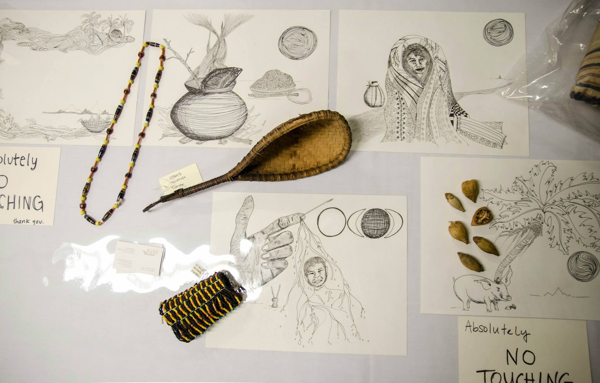 Artwork based upon the folktale, Aponibolinayen and the Sun, using Field Museum collections for reference. 