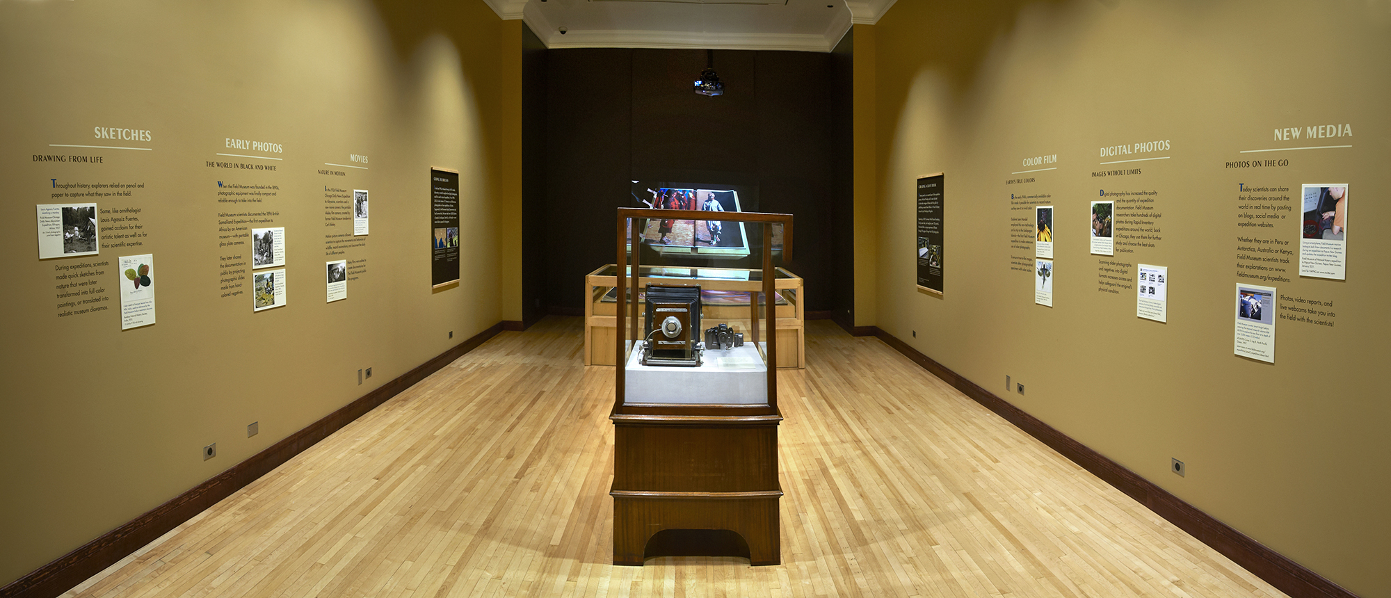 Travelogues and Technologies from Small Sketches to the Biggest Book, entrance to exhibit in Brooker Gallery.