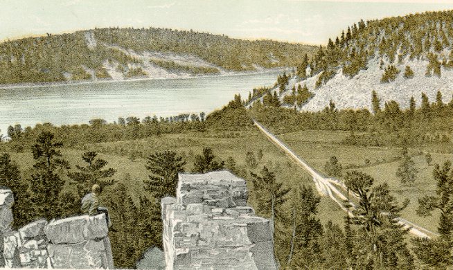 Devils Lake from the South Bluff, Kirks Bluff on the right 475 feet high.  Lithographic print from  Geology of Wisconsin  Survey of 1873-1877  Volume II  Plate XV  T.C. Chamberlin, Chief Geologist.