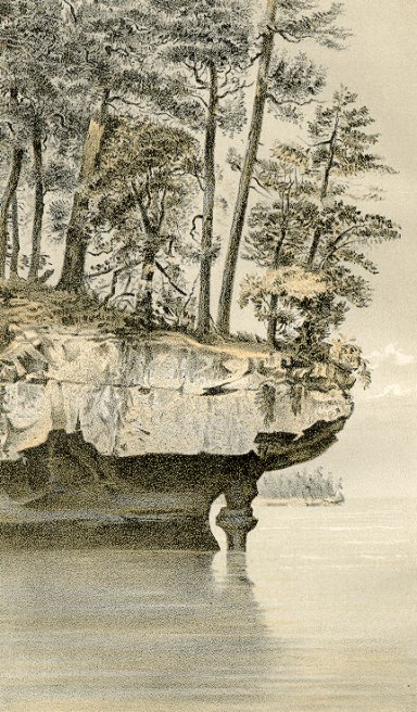 Lake Superior Sandstone, Hemlock Island, Lake Superior, (Ashland County).  Lithographic print  from  Geology of Wisconsin  Survey of 1873-1879  Volume III  Plate X  T.C. Chamberlin, Chief Geologist.