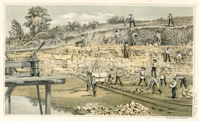 Milwaukee Cement Quarry
Lithographic print from
Geology of Wisconsin
Survey of 1873-1877
Volume II
Plate XIIIA
T.C. Chamberlin, Chief Geologist.