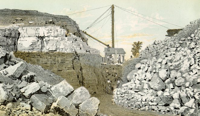 Iron Ridge Mine.  Lithograph from  Geology of Wisconsin  Survey of 1873-1877  Volume II  Plate III  T.C. Chamberlin, Chief Geologist.