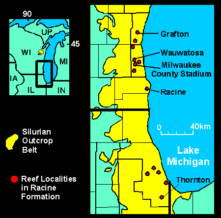 Locations of Silurian reefs in eastern Illinois and Wisconsin