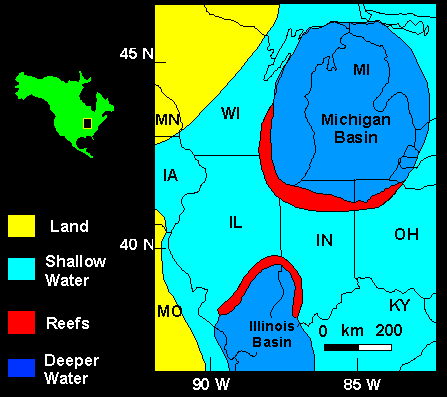 Locations of Silurian reefs in Great Lakes region.